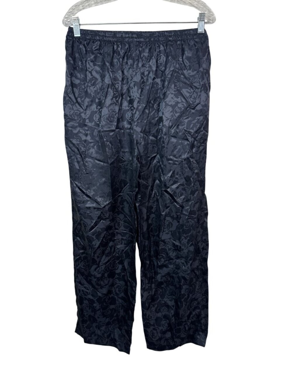 100% Silk Black Satin Jacquard Rose Pattern Pajama Pants Size Large Pullon